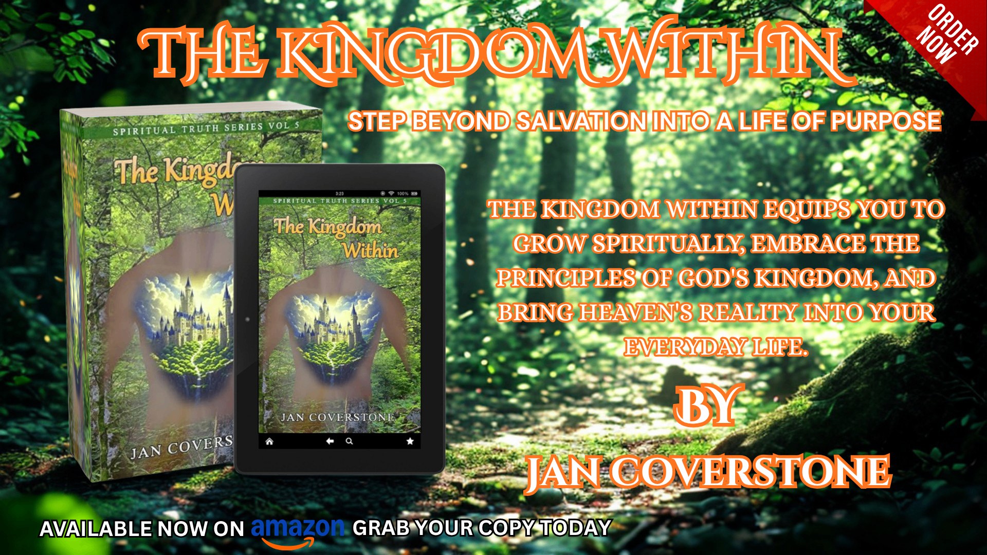 Book mockup for The Kingdom Within by Jan Coverstone — paperback and Kindle editions displayed against a forest background